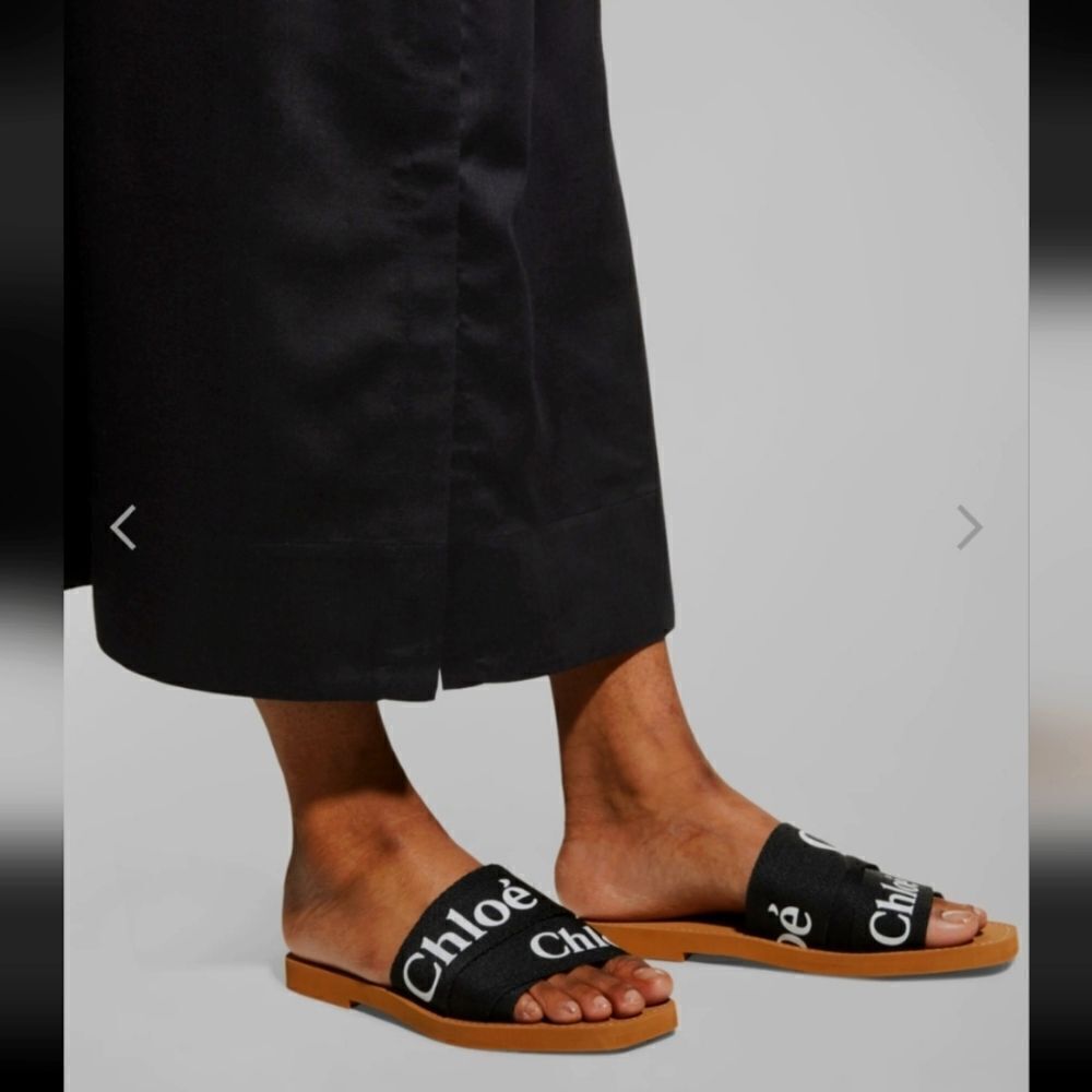 Chloe Woody Flat Logo Ribbon Black Slide Sandals Size 37 New - Picture 2 of 9